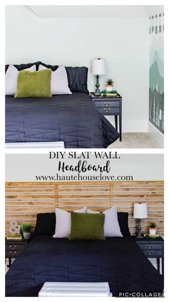Horizontal wood extra wide headboard with black bedding and vintage side tables.
