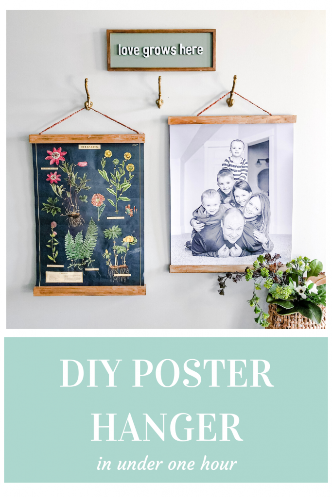 Two poster size images (one botanical print and one family prine) in a DIY wood poster frame.