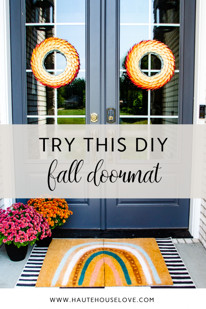 fall front porch with rainbow doormat
