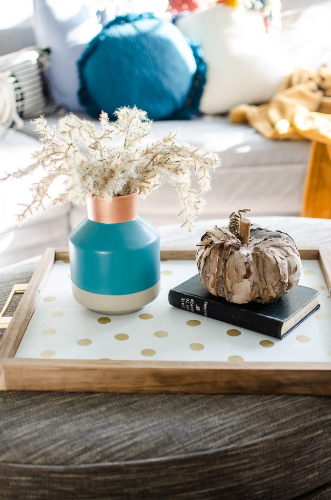 Fall decor on a wallpaper lined tray