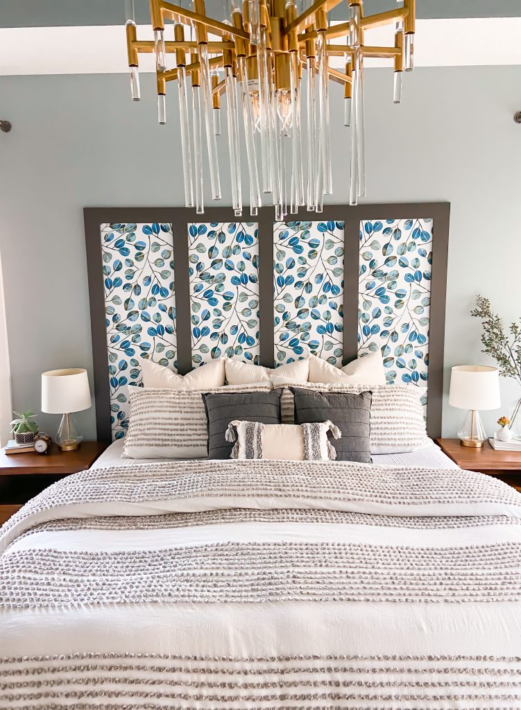 Blue and White Master Bedroom with wood accents and Sherwin Williams Urbane Bronze