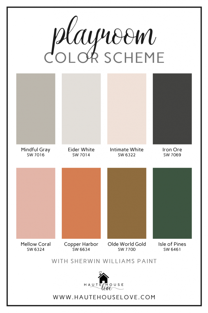 a bold playroom color palette featuring sherwin williams mindful gray, eider white, intimate white, iron ore, mellow coral, copper harbor, olde world gold and isle of pines.