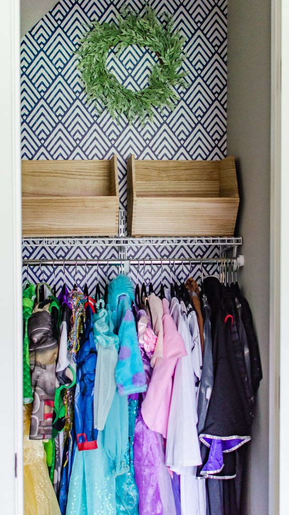 Dress Up Closet Organization with peel and stick wallpaper background