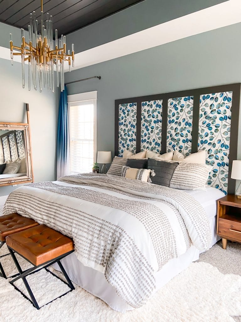 Blue and White Master Bedroom with wood accents and Sherwin Williams Urbane Bronze