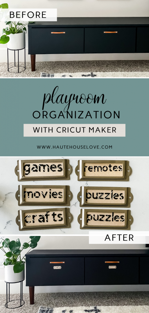 Before and after playroom organization. Wood labels with Cricut Maker.