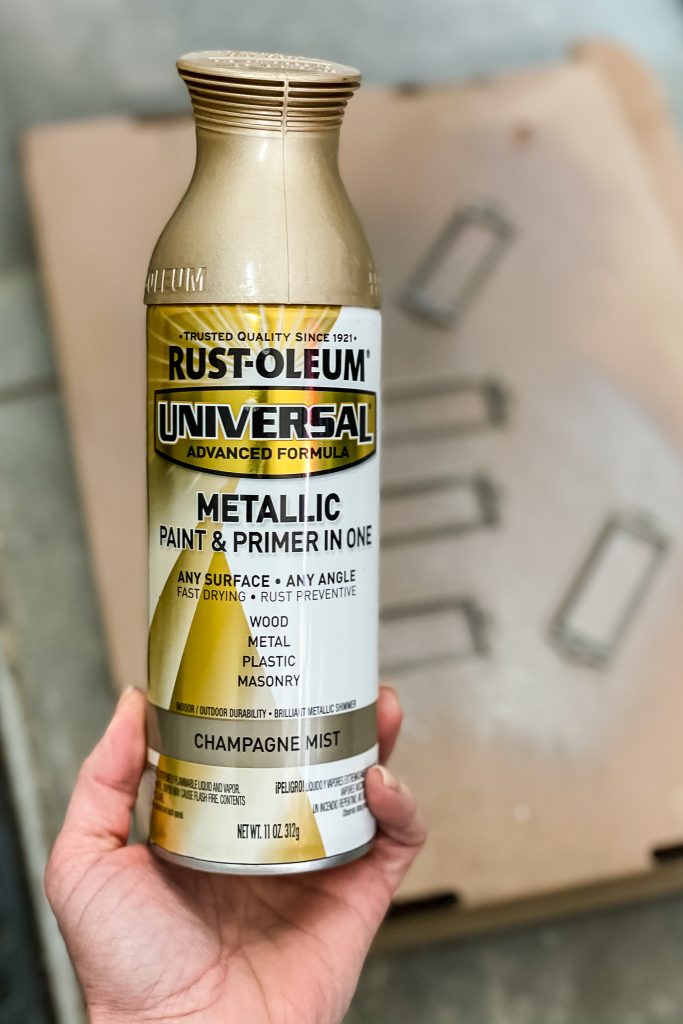 Rustoleum Universal Spray Paint in Champagne Mist. Used to paint the metal label holders before installing.
