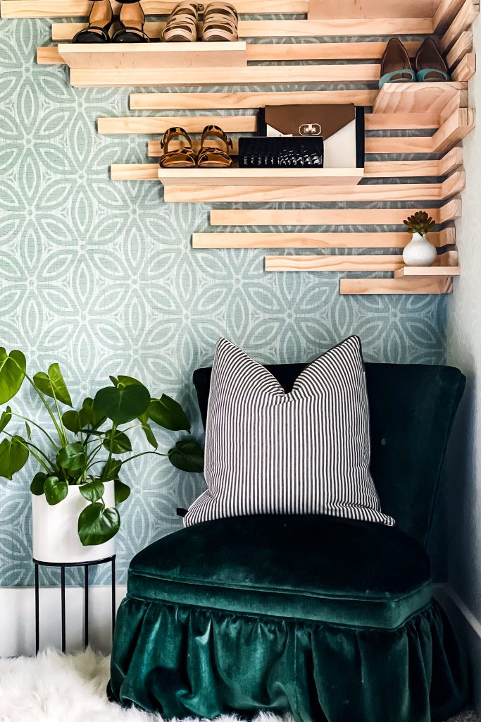 diy slat wall shoe shelf in master closet