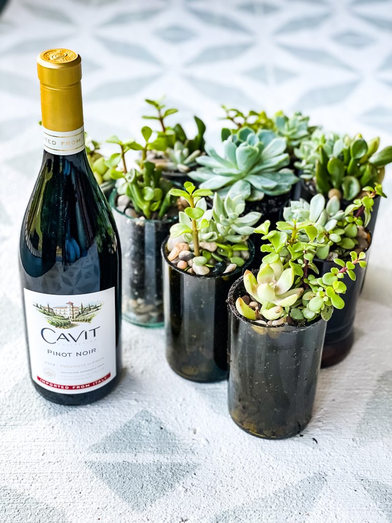 bottle of Cavit wine and succulents in upcycled wine bottles | Random Thoughts from The Weekender on HauteHouseLove.com