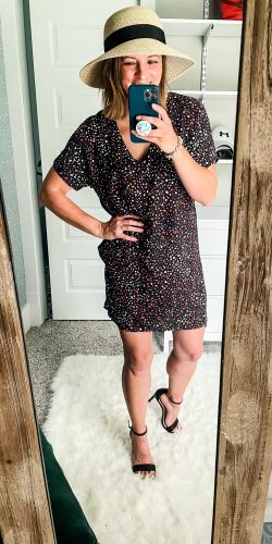 mirror selfie of woman, glitter sparkle shift dress, black heels and summer hat | HauteHouseLove.com