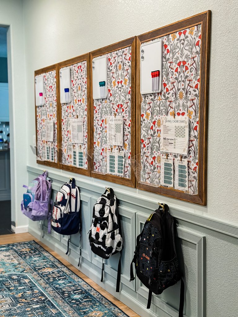 DIY Family command center with DIY cork board wall and wallpaper