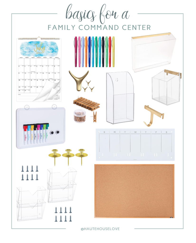 Everything you need to create a DIY family command center. Wall Calendar, markers, acrylic storage, whiteboard, cork boards, push pins